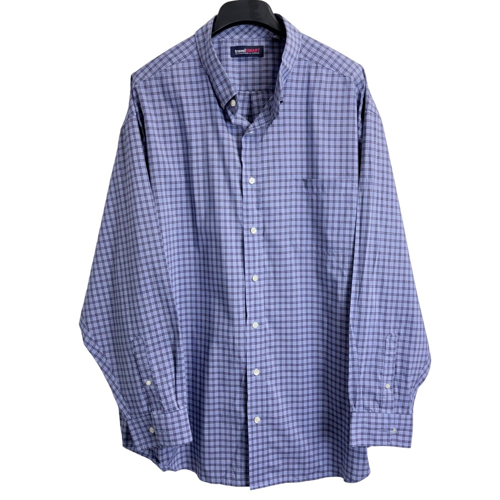 Roundtree & Yorke TravelSmart Mens 3XB Blue Plaid Button Down Shirt Long Sleeve